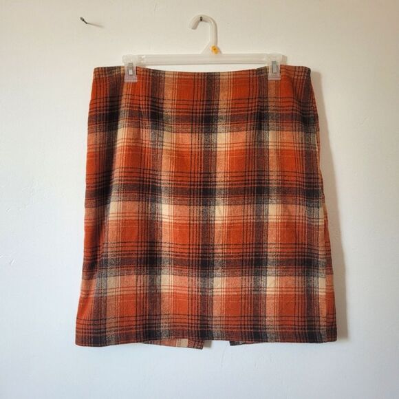 Plus Size XXL Wool Blend Plaid Pencil Skirt Orange Brown Workwear Office Preppy - Picture 1 of 8